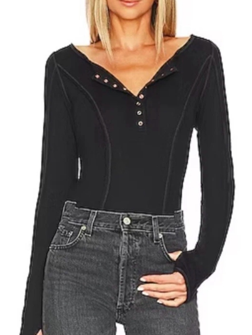 Black Long Sleeve Henley Bodysuit - Unbranded
